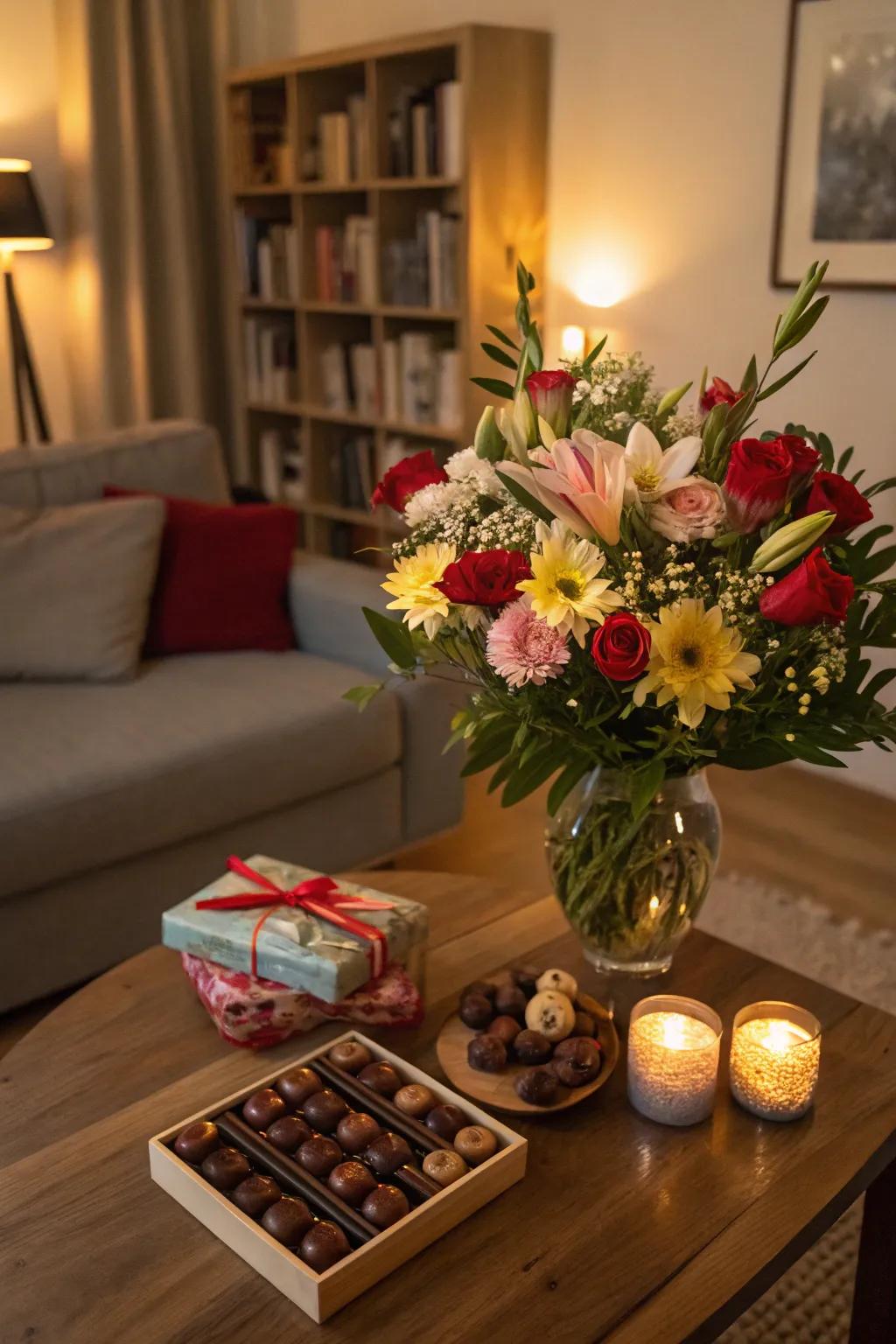 Flower arrangement paired with chocolates and gifts.