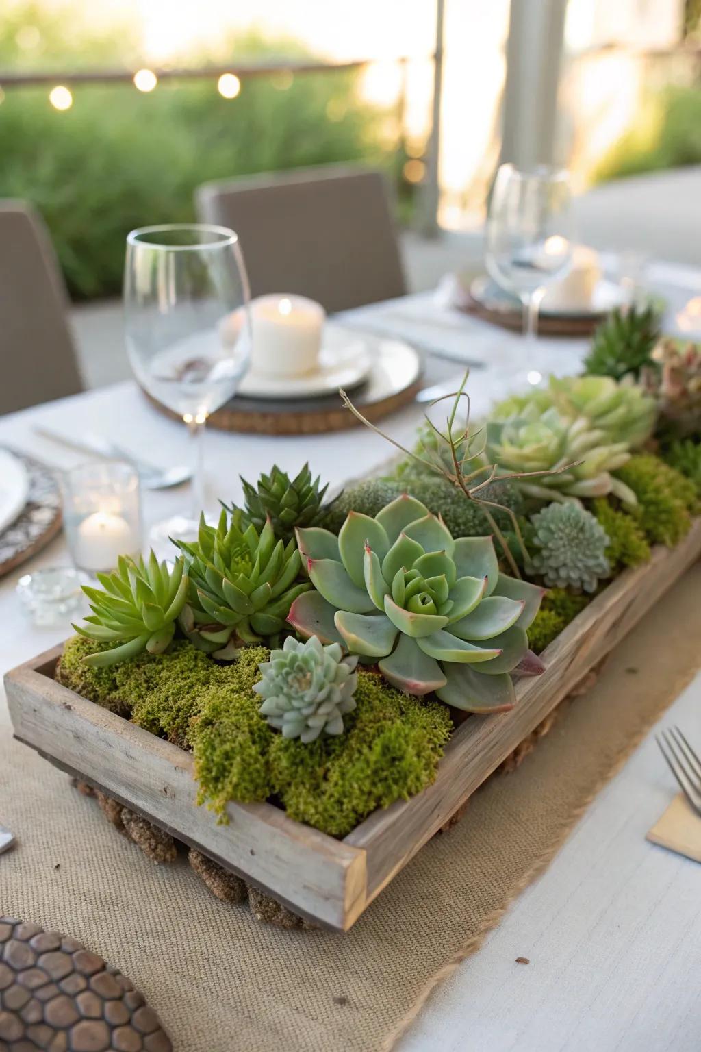 Succulents and moss offer natural panache to the table.