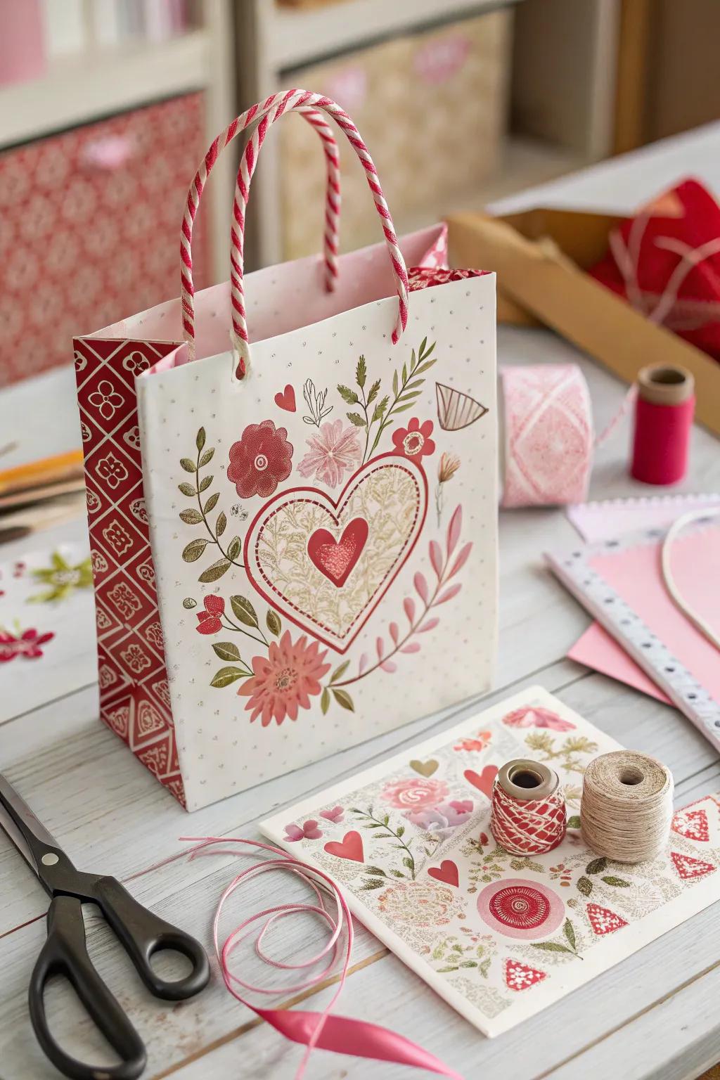 Stamped design Valentine's bag showcasing detailed patterns.