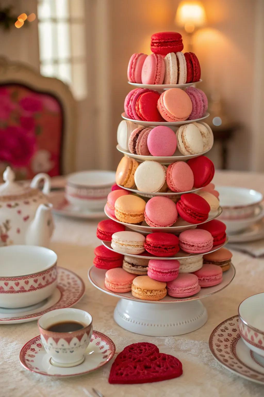 A breathtaking macaron pinnacle serving as a centerpiece for the tea celebration.