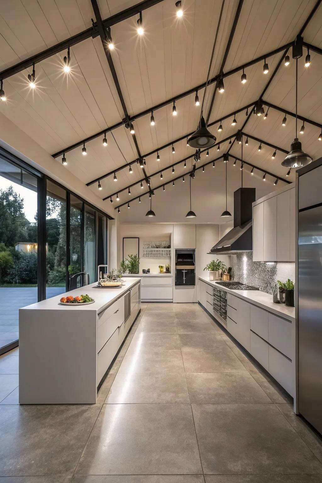 Track lighting gives adjustable lighting for focused illumination.