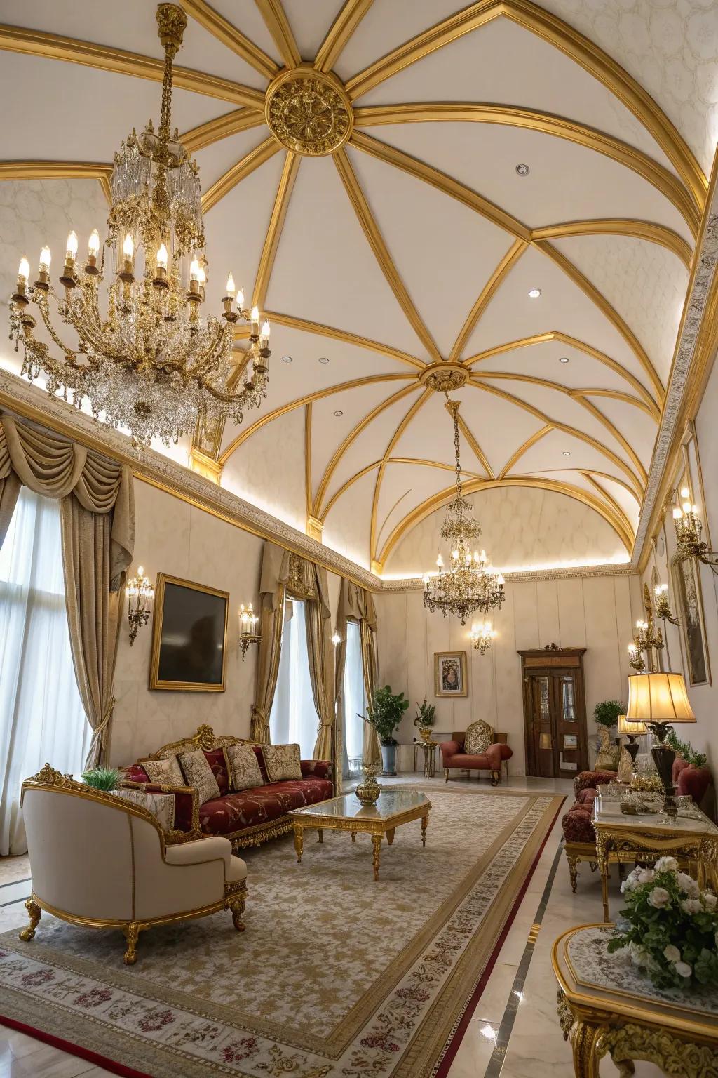 Lavish precious metal beams injecting sophistication into a vaulted ceiling.