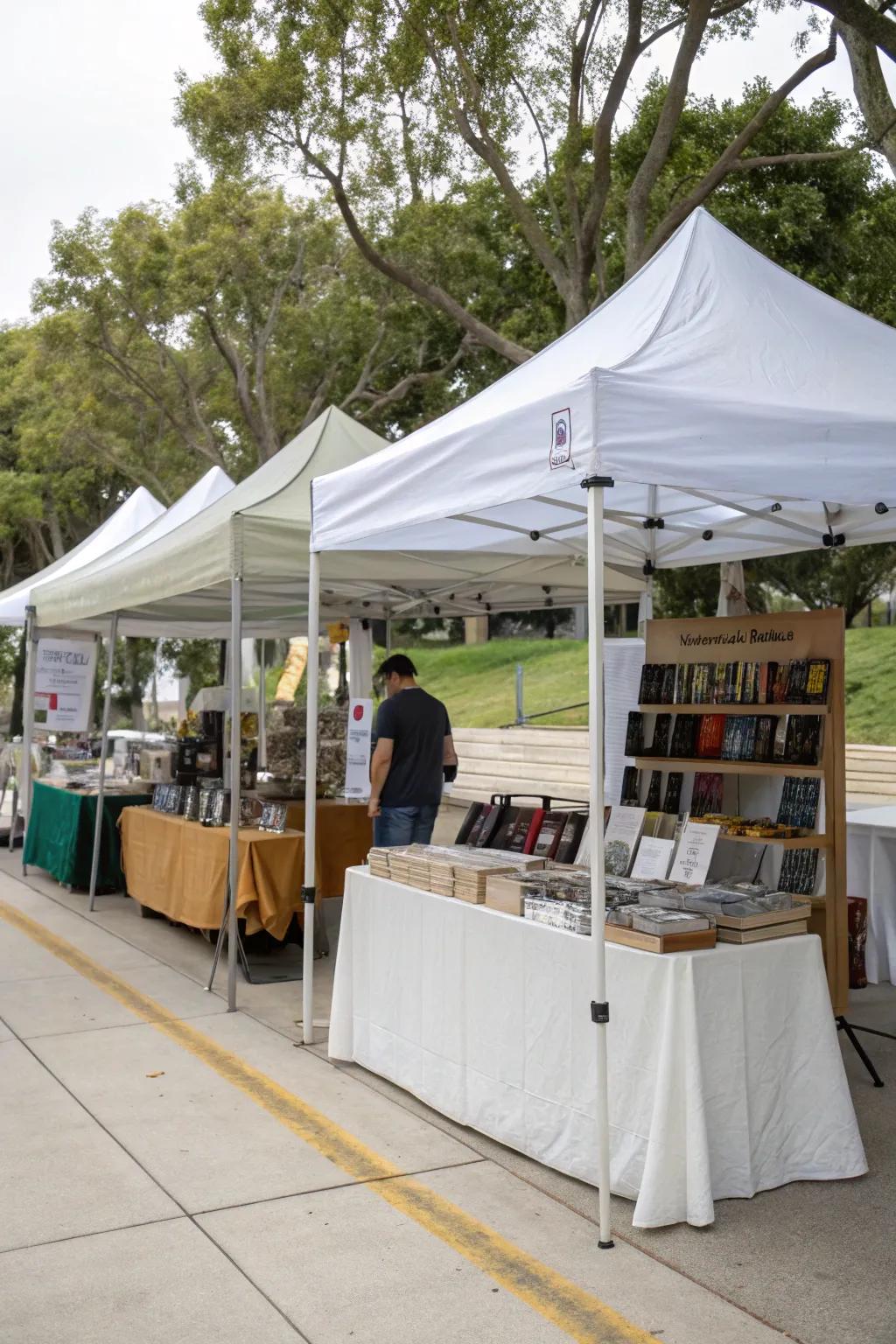 An all-weather booth layout equipped with protective shelters.