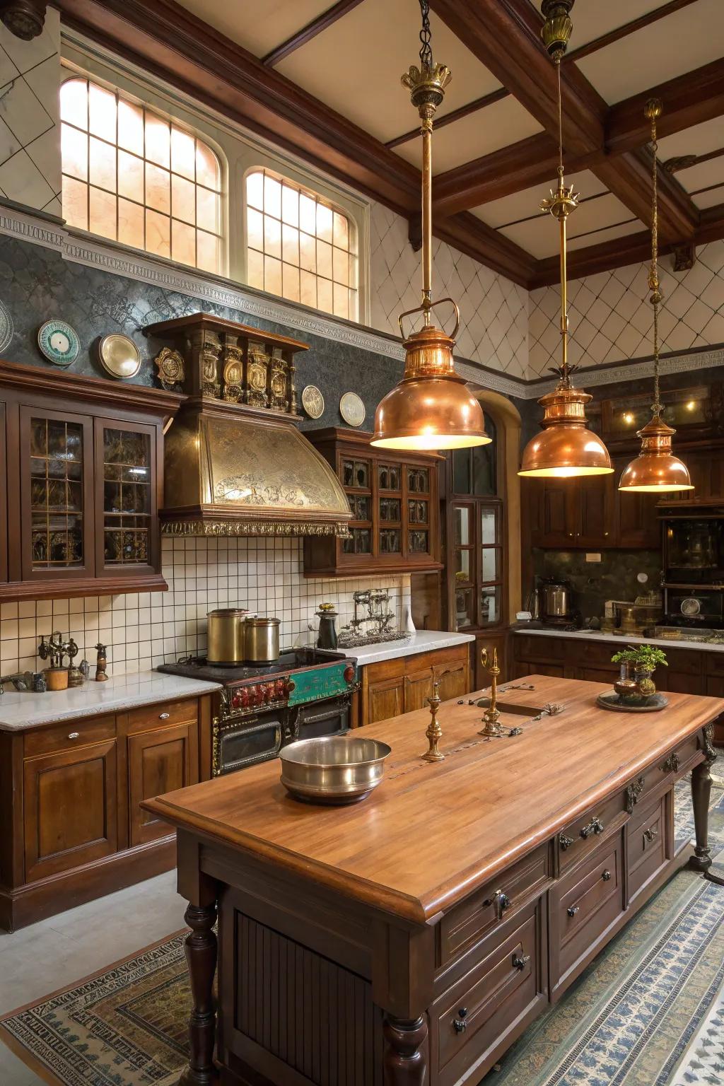 Brass and copper details enhance the authenticity of a Victorian kitchen.