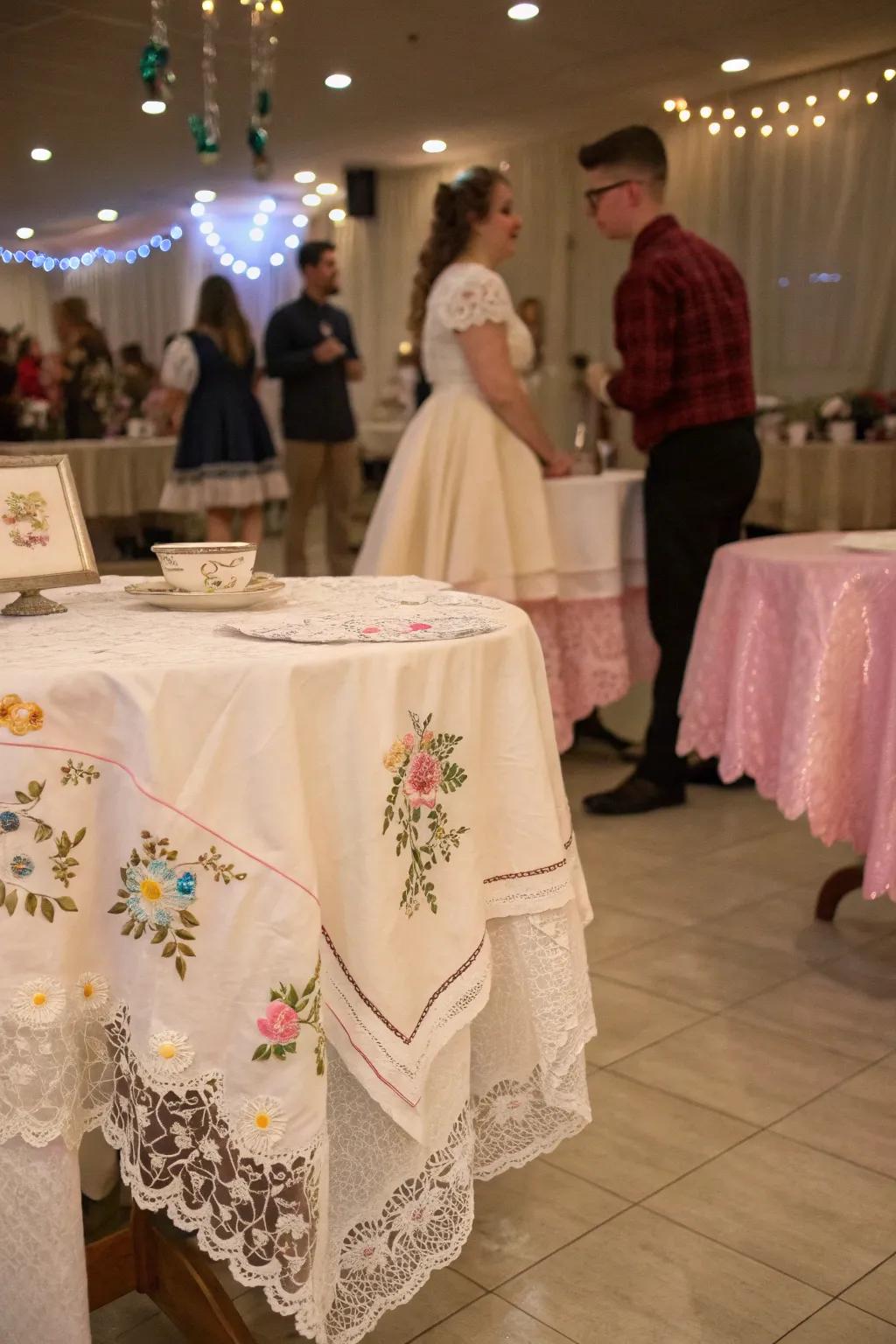 Charming vintage linens enhancing the table setting's elegance.