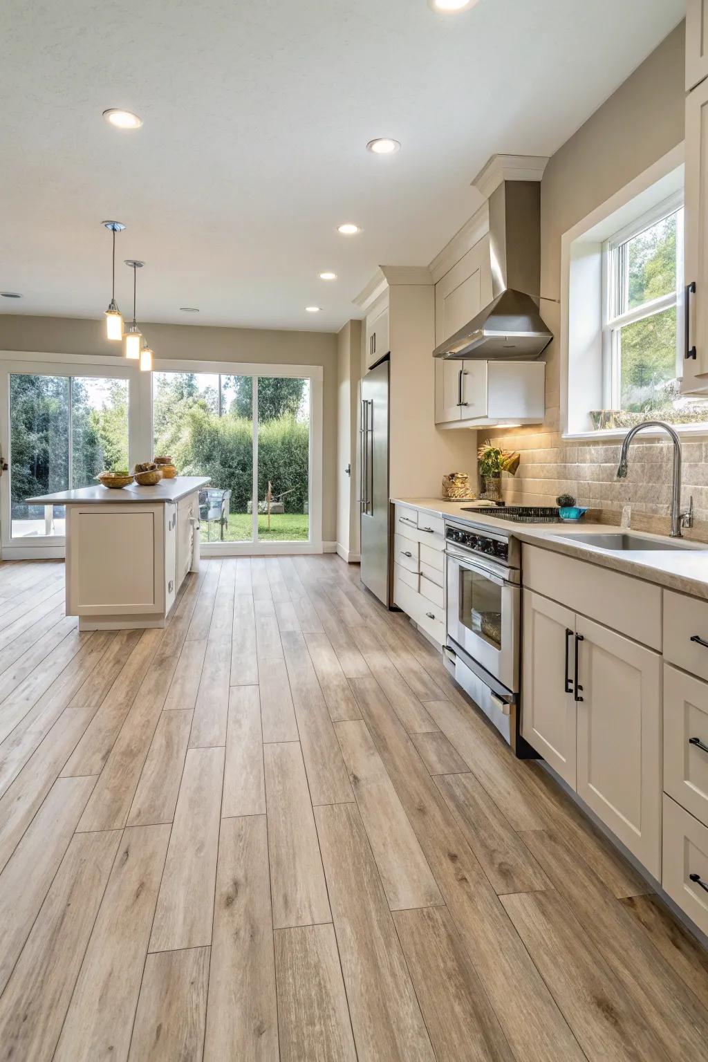 Lighten up your kitchen with wood-look vinyl flooring.