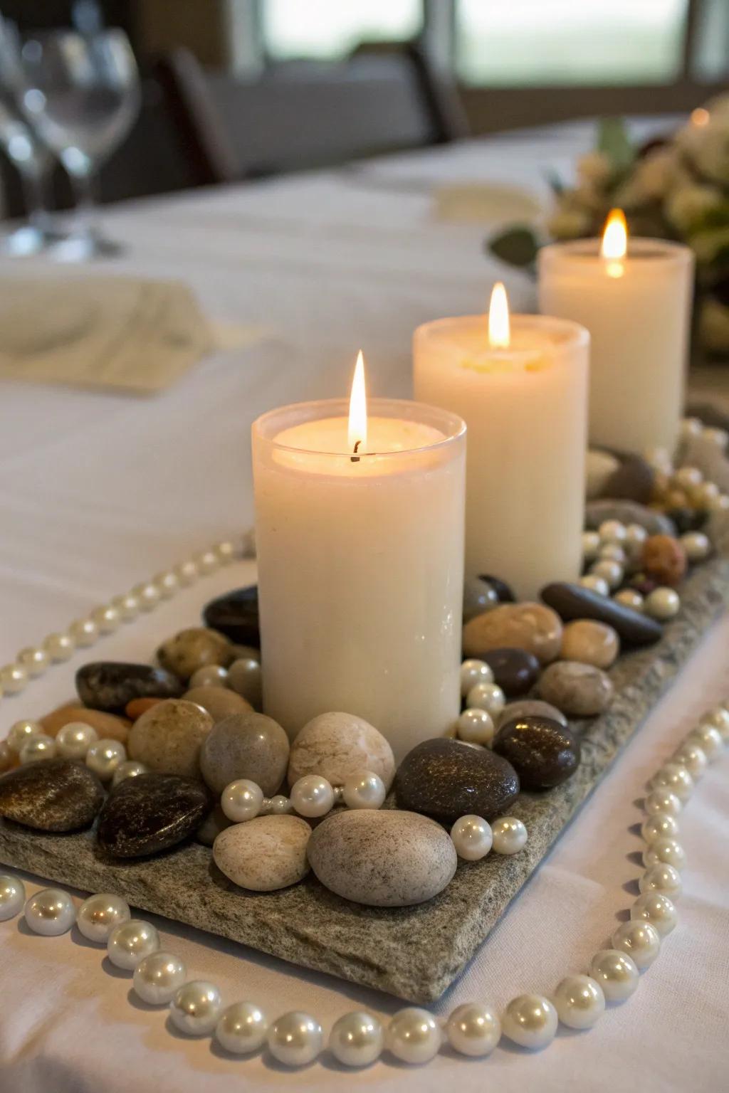 Decorative features such as pebbles add texture to candle exhibits.
