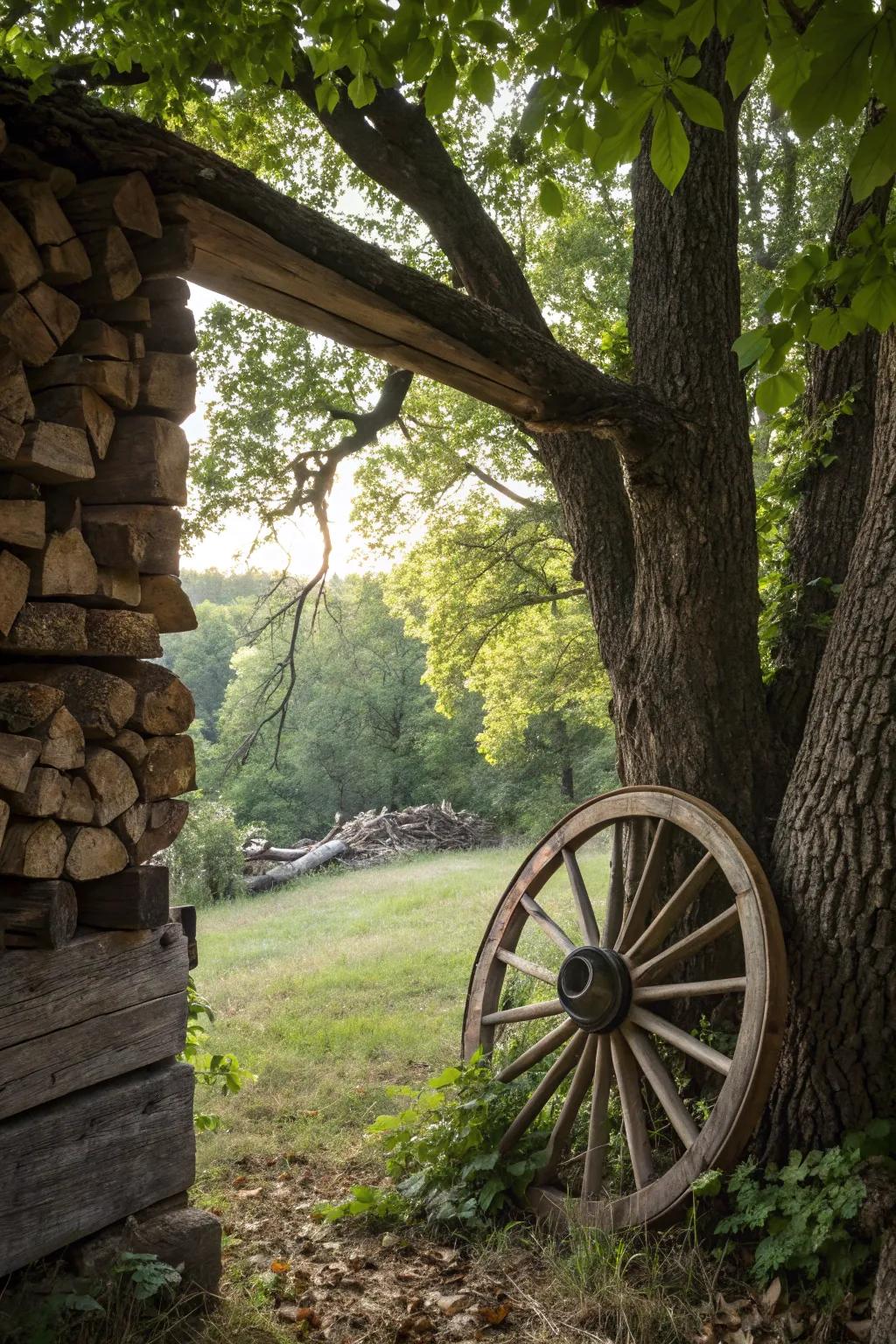 A cartwheel embedded in stacked wood, crafting a distinctive window illusion.