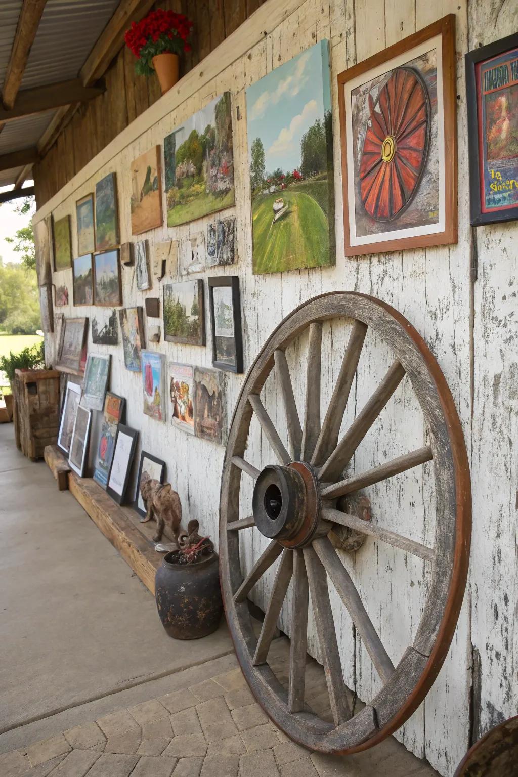 This rustic cart wheel creates a suitable background to an artistic exhibit.