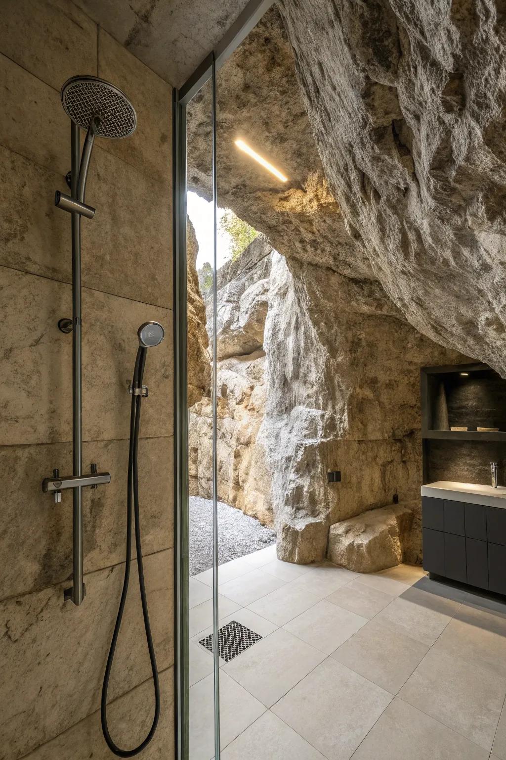 Cavern shower featuring modern fixtures and stone walls.
