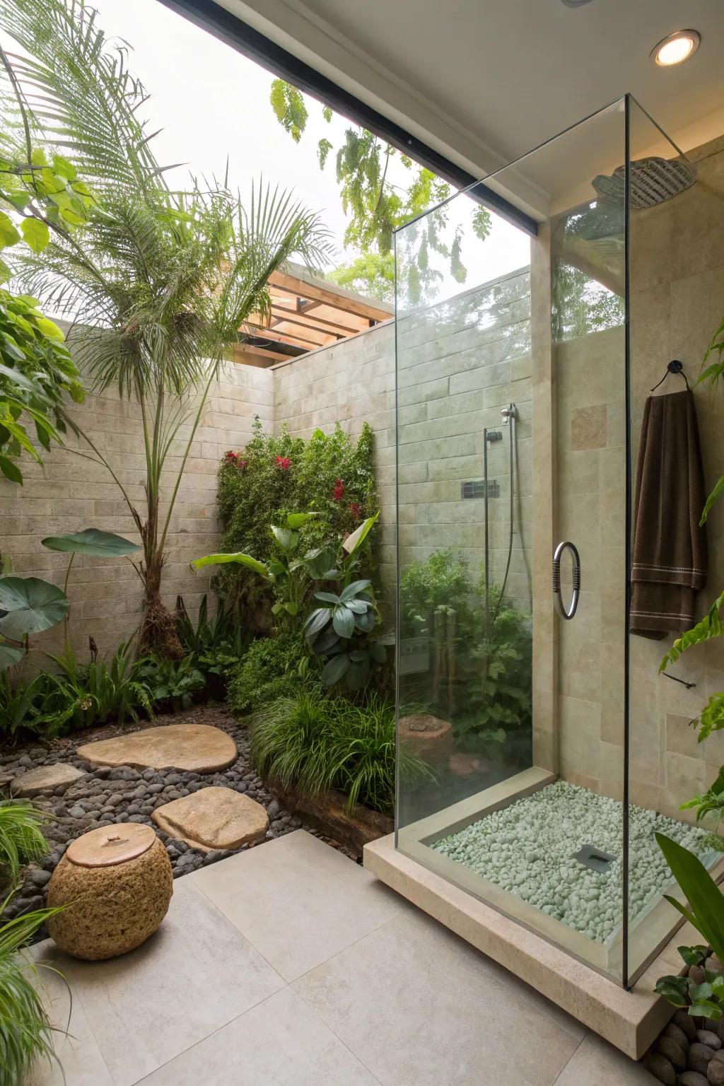 Lush greenery adds a natural sensation to this walk-in shower.