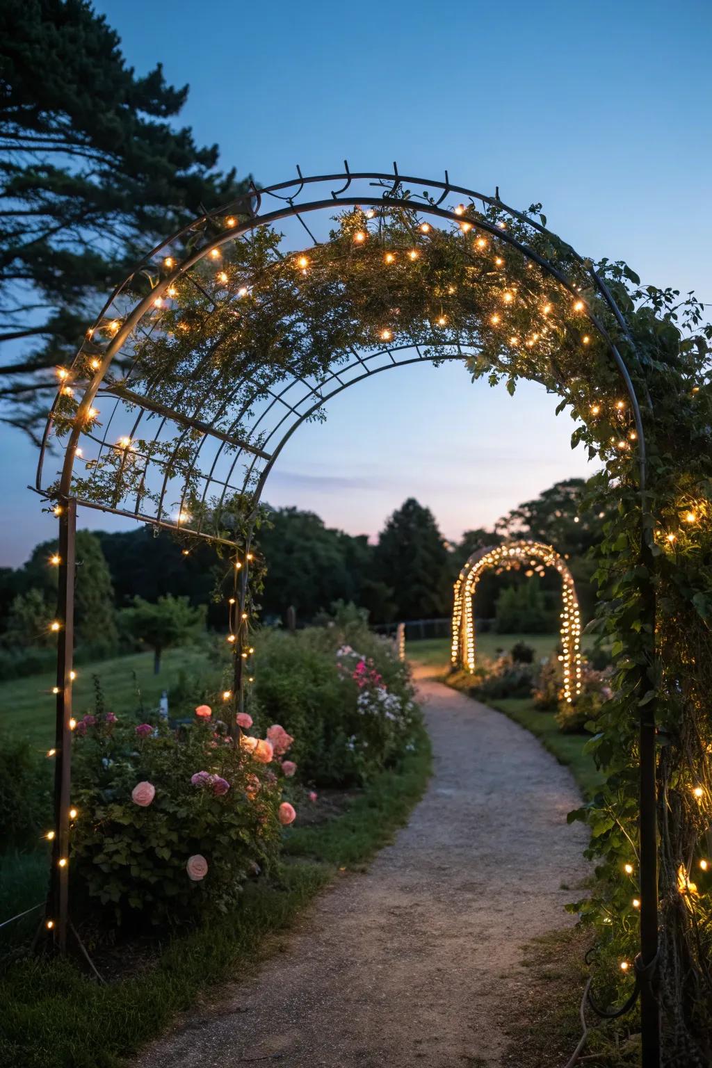 Fairy lights append a magical element to arches, ideal for twilight garden strolls.