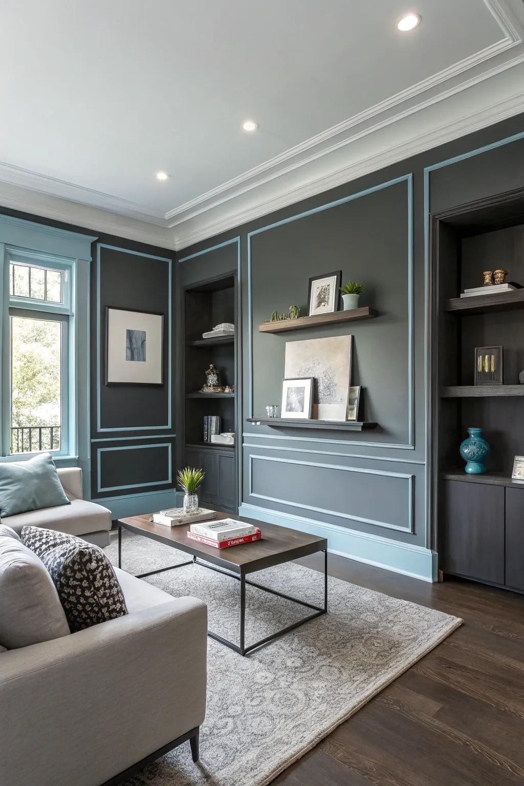 Edgy and contemporary, featuring deep gray walls and light blue trim.