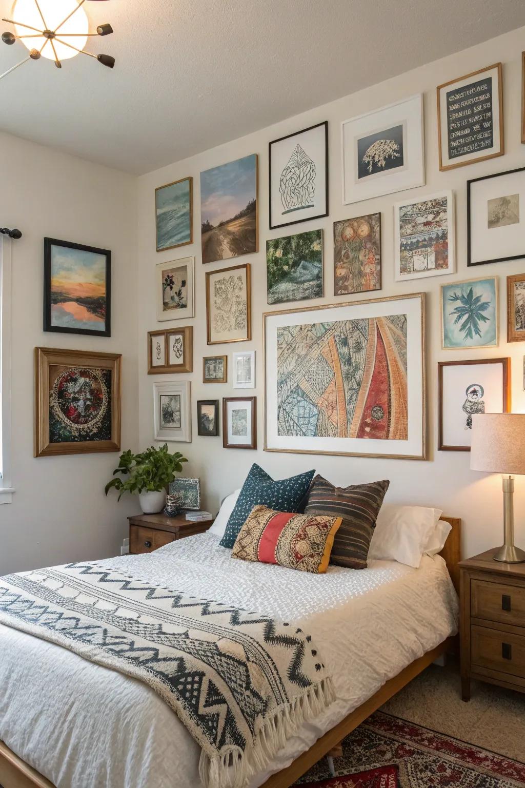 Combined mediums bring an eclectic and vibrant touch to your bedroom.