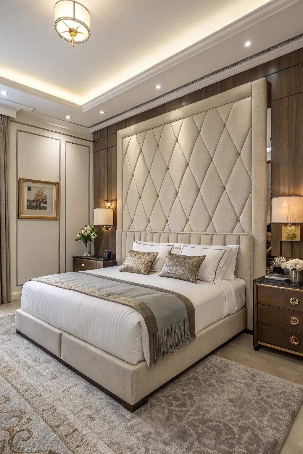 An extended headboard brings a sense of grandness to the bedroom.
