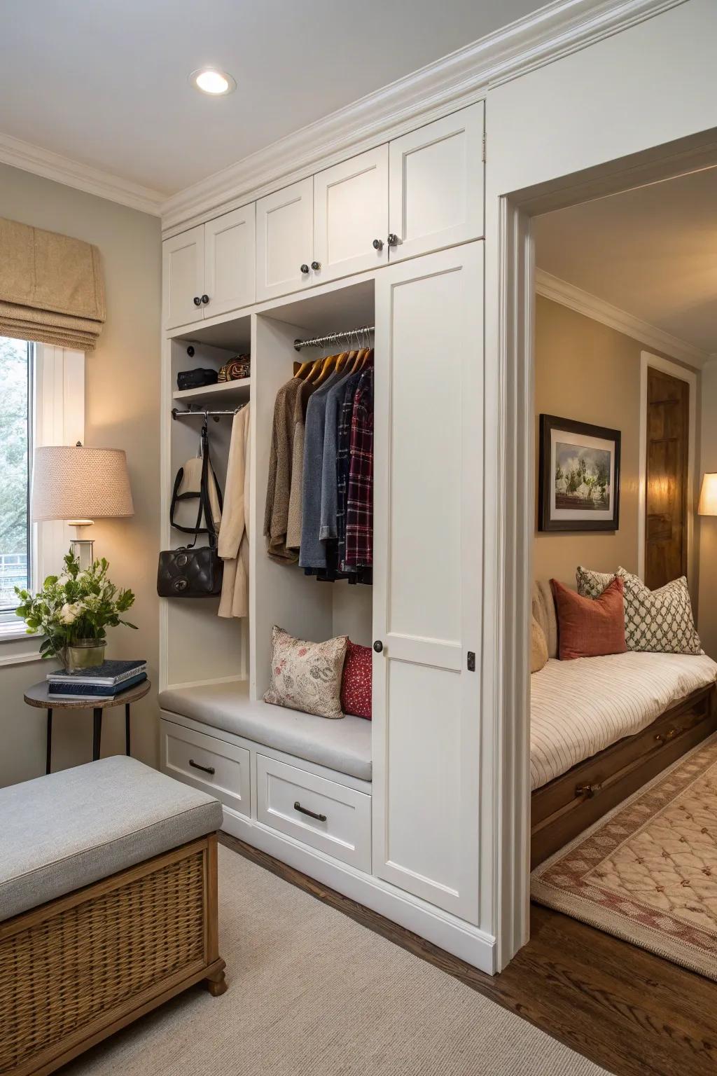 A seating area in a wall closet makes it more comfortable and convenient.