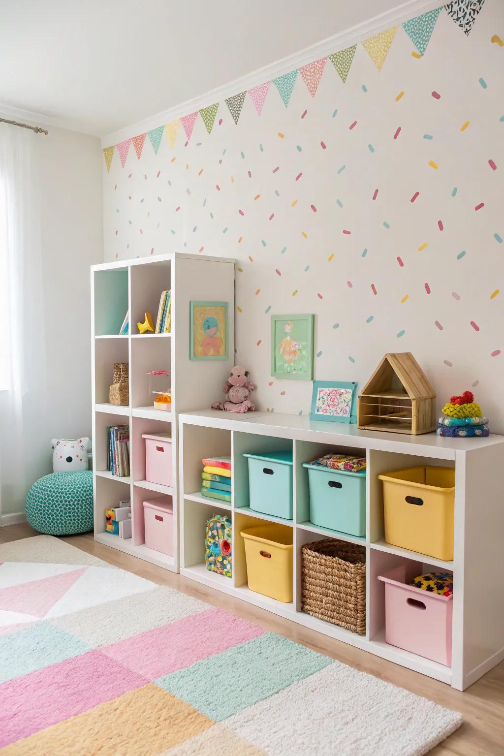 Uphold neatness in children's quarters using playful wall cubes.