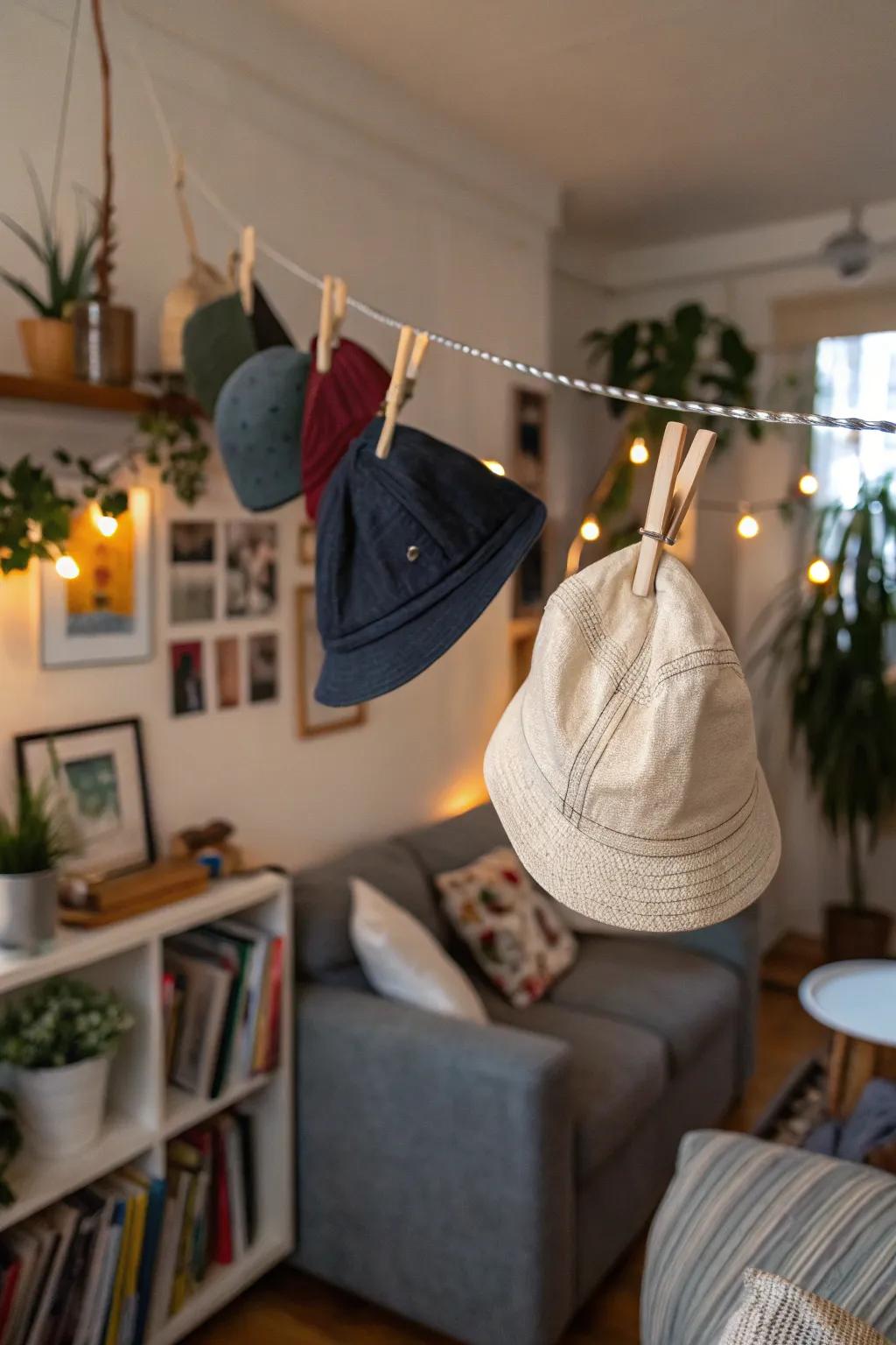 A casual hat display using cord and clips
