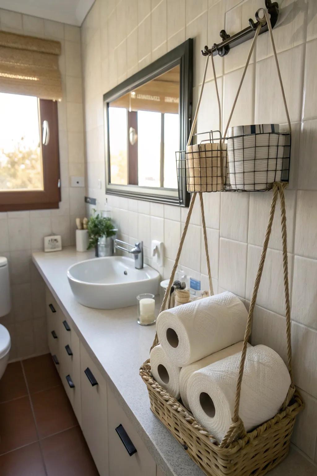 Get creative with hanging toilet paper storage.
