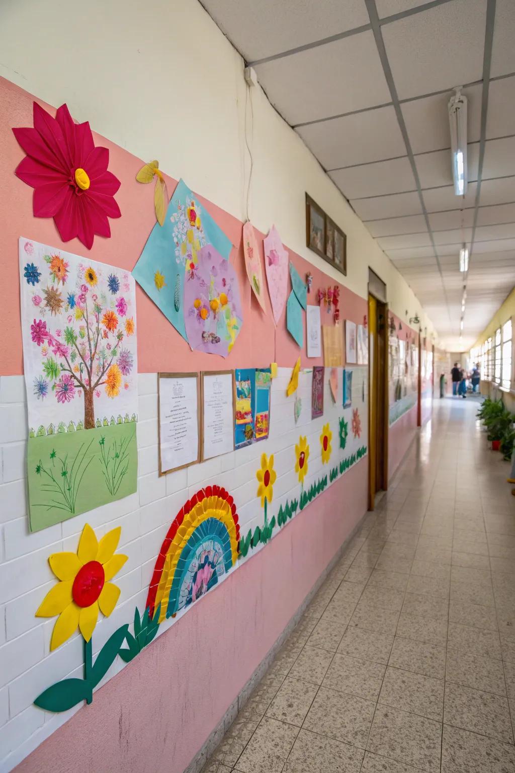 Craft-based designs embellishing a school wall