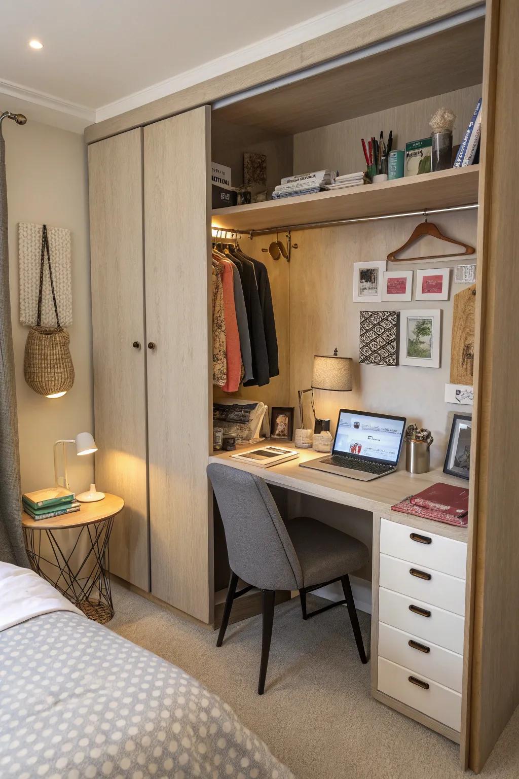 A closet ingeniously merged with a workspace.