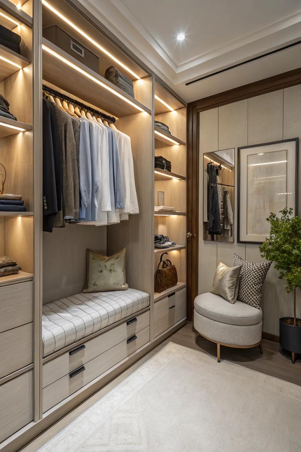 A resting area adds practicality and comfort to wardrobe areas.