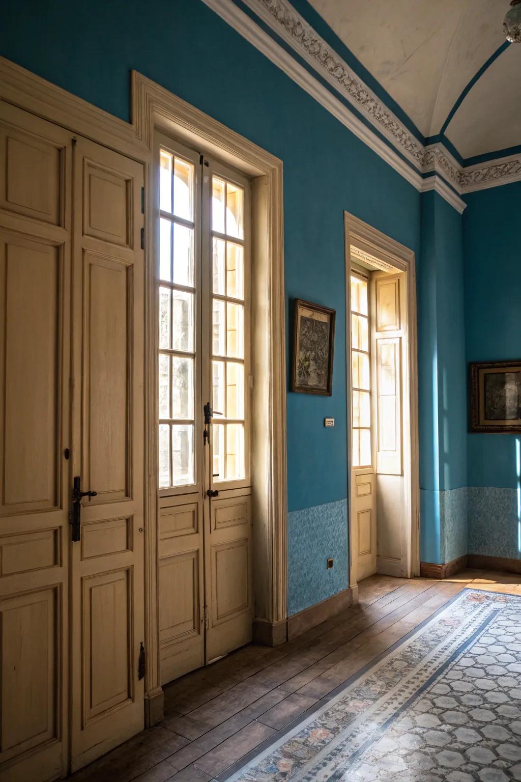 Create striking contrast with light-colored doors and windows against cerulean walls.
