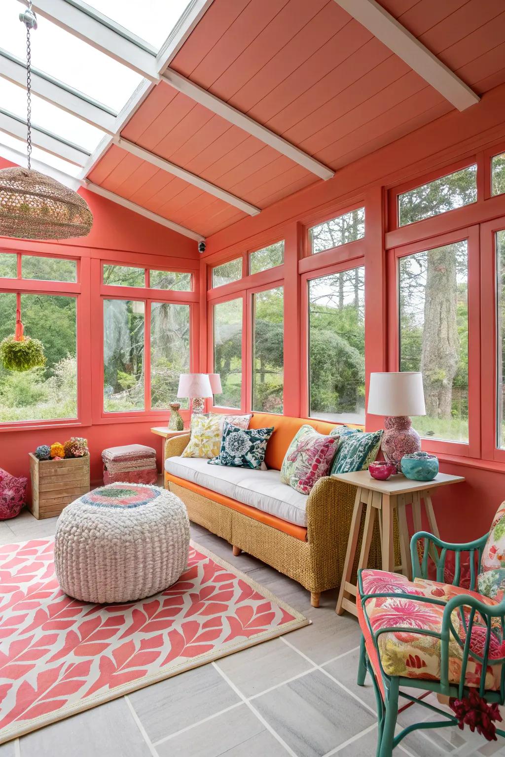 Sunroom with vibrant salmon walls, making a striking and lively statement.