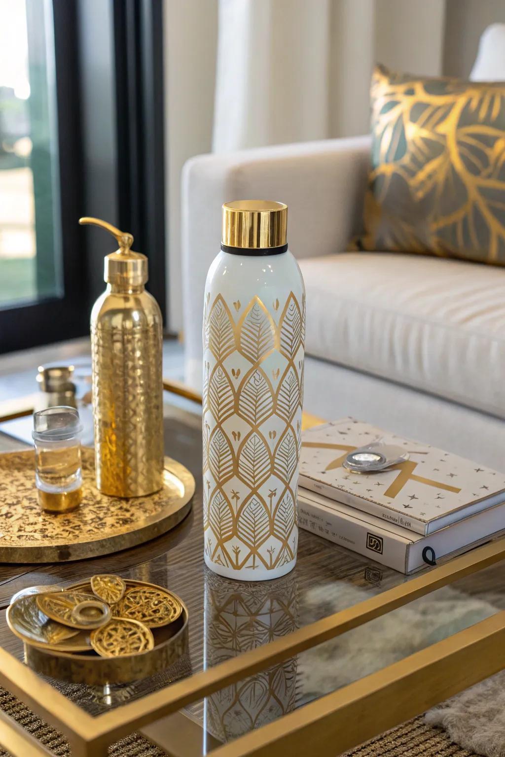 Sophisticated hydration container aesthetics with metallic details.