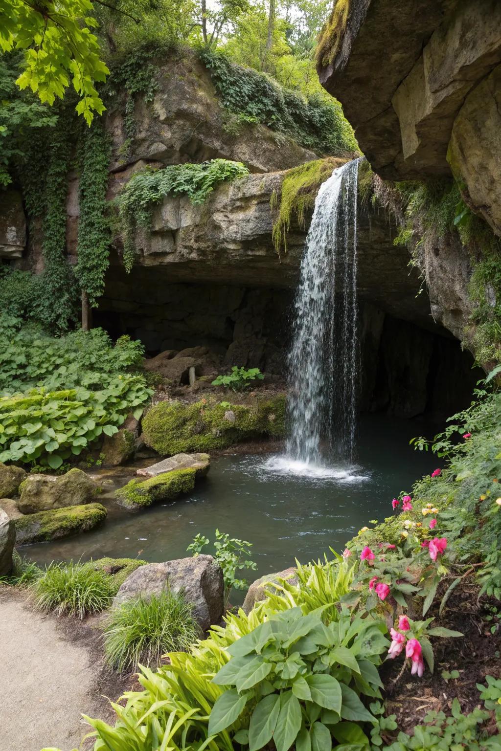 A secret cave waterfall offers a mysterious retreat in the garden.