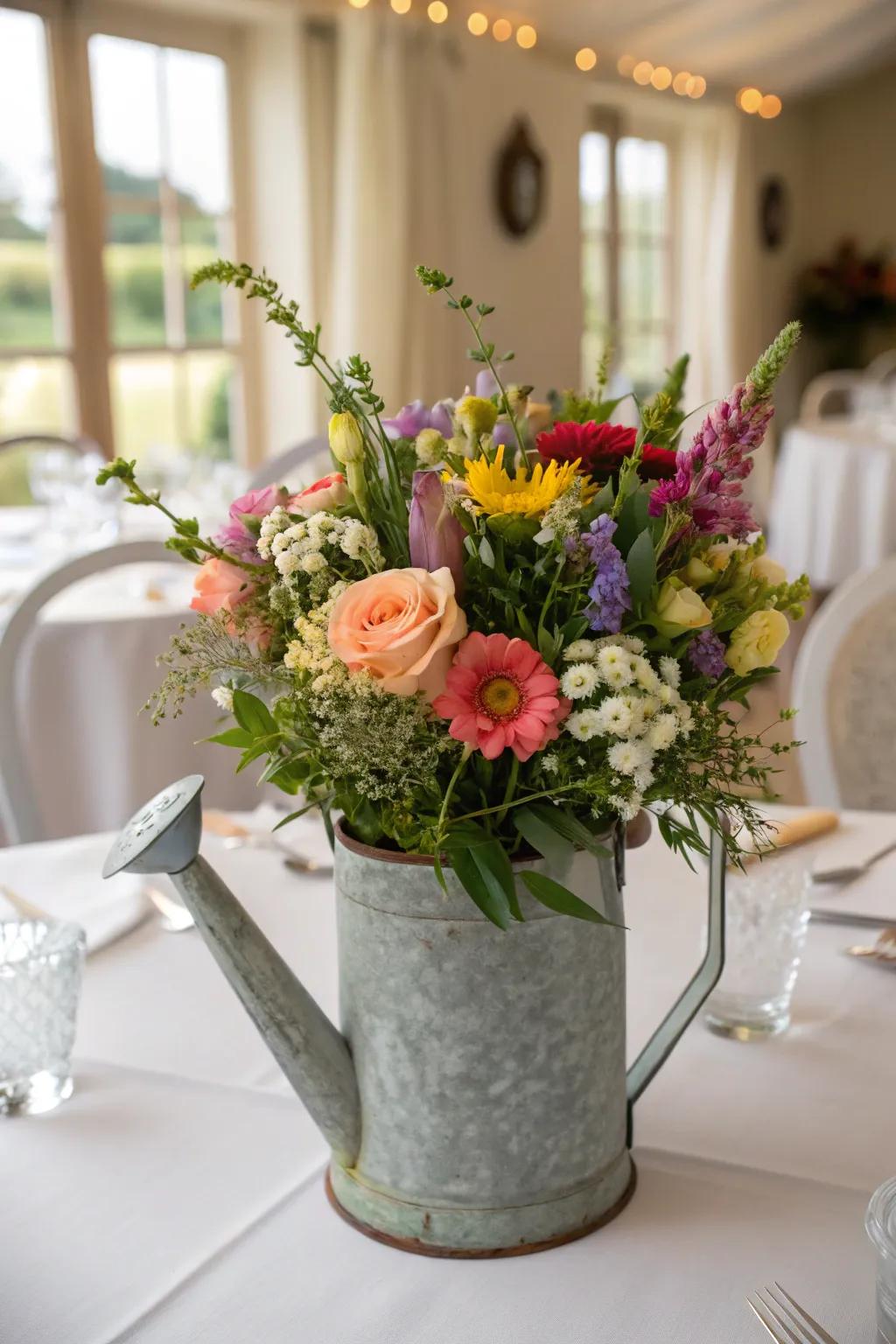An exquisite blossom setup employing a watering can as a receptacle.