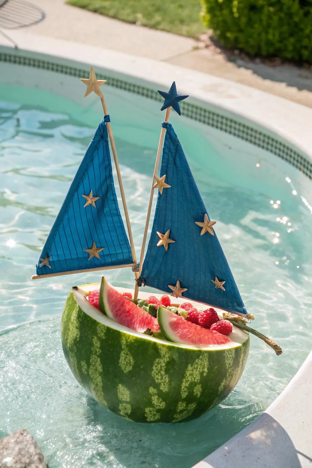 A nautical boat featuring blue sails and starfruit decorations.