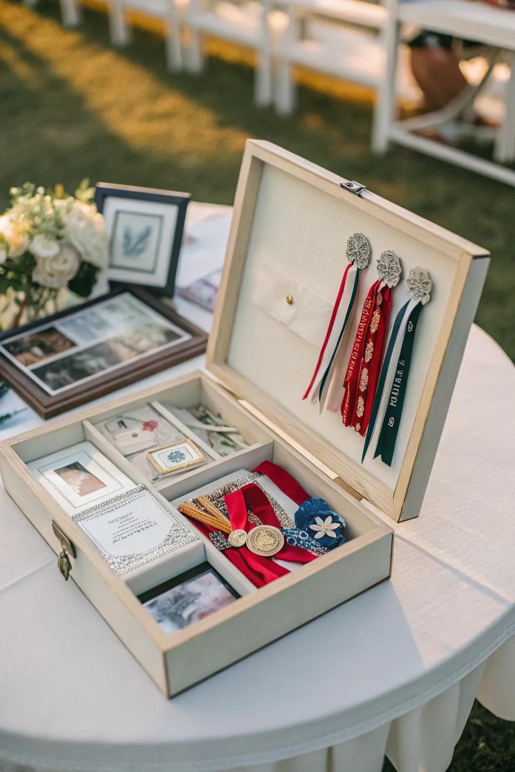 A keepsake box showpiece that adds dimension and preservation to your ribbons.