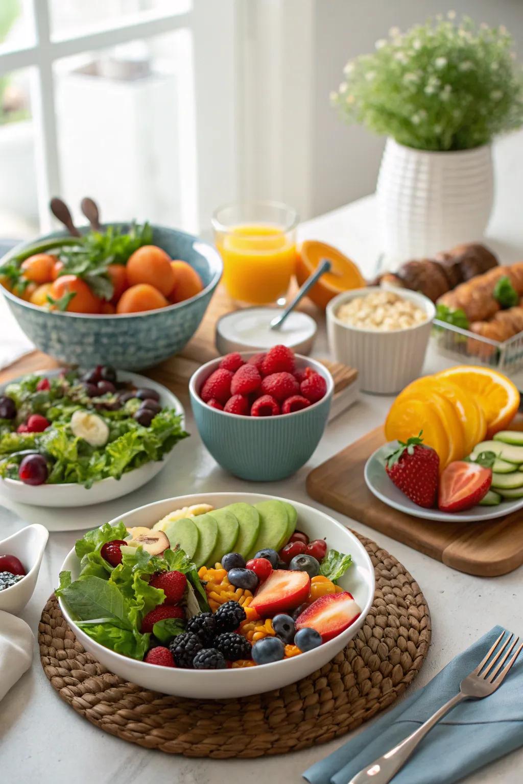 A nutritious and vibrant breakfast spread featuring fresh fruits and vegetables.