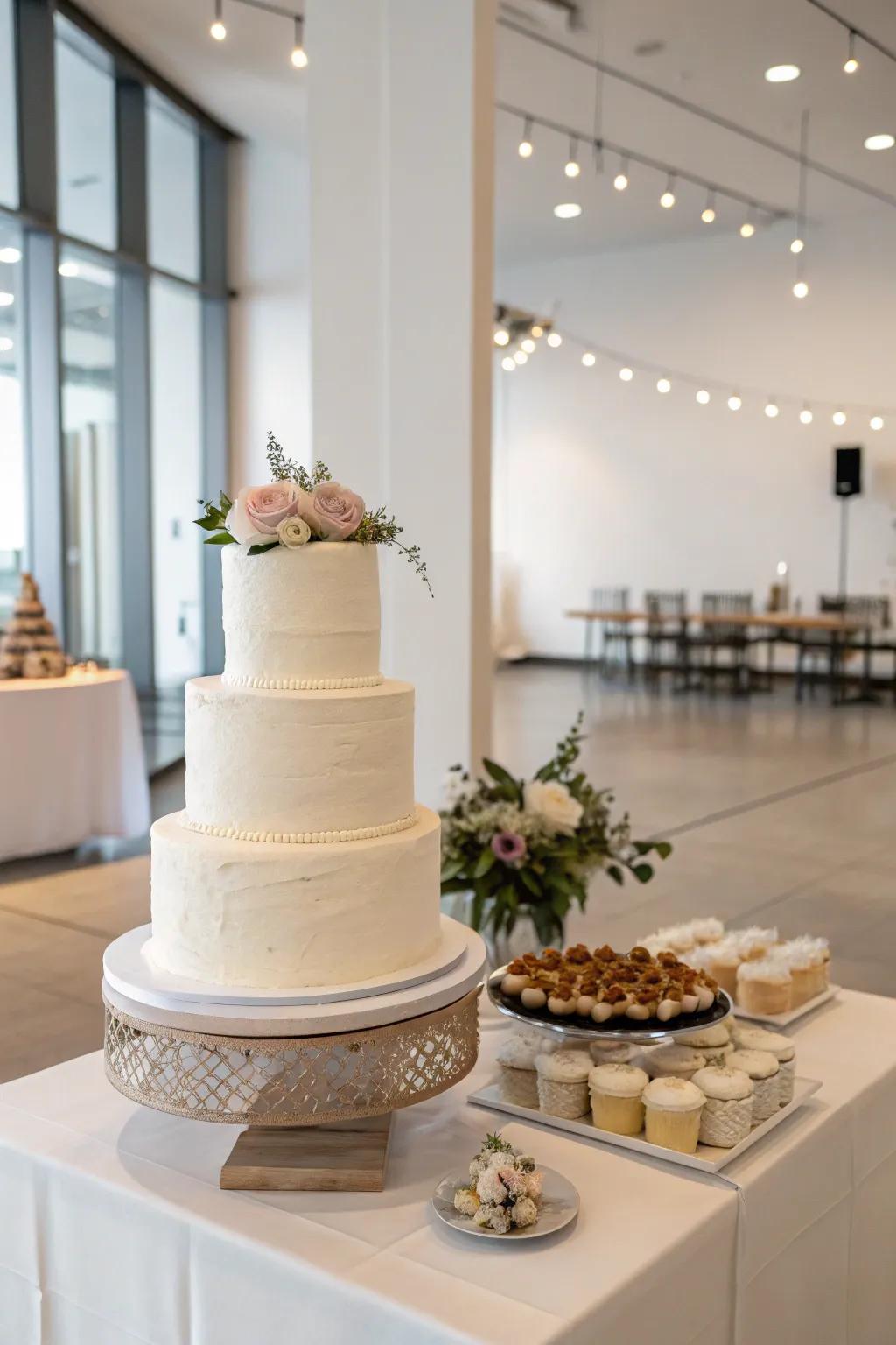 A polished and modern wedding cake display filled with minimalist charm.