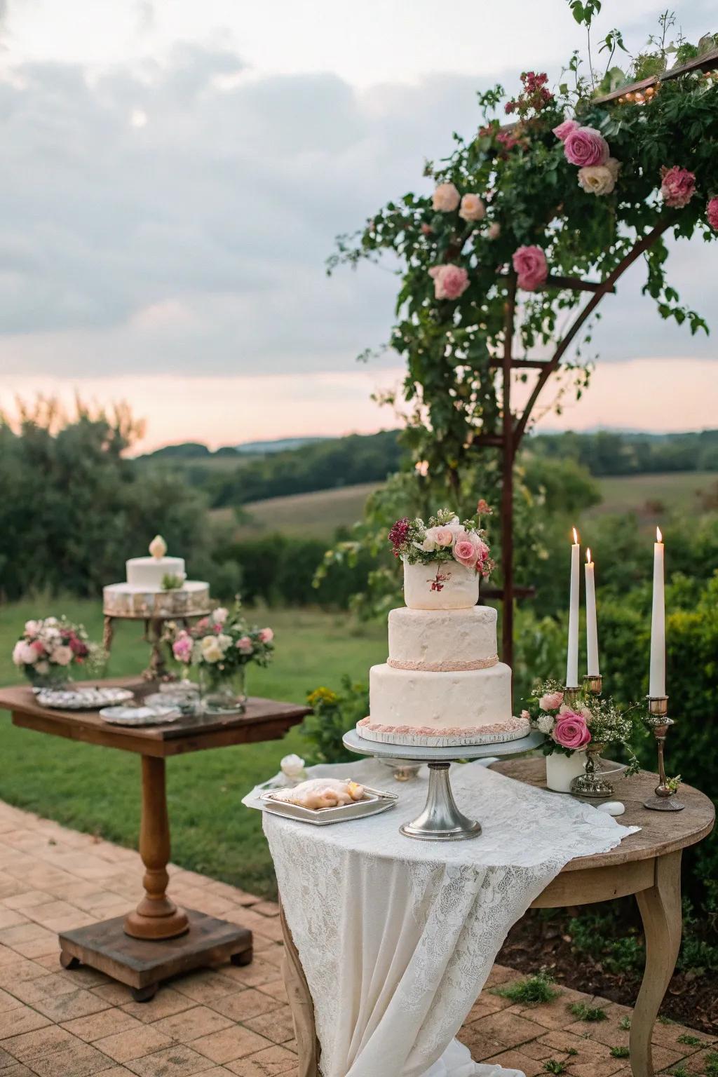 A wedding cake table positioned against a lush garden scenery.