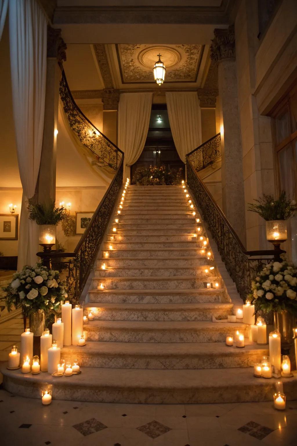 A stunning staircase illuminated with candlelight.