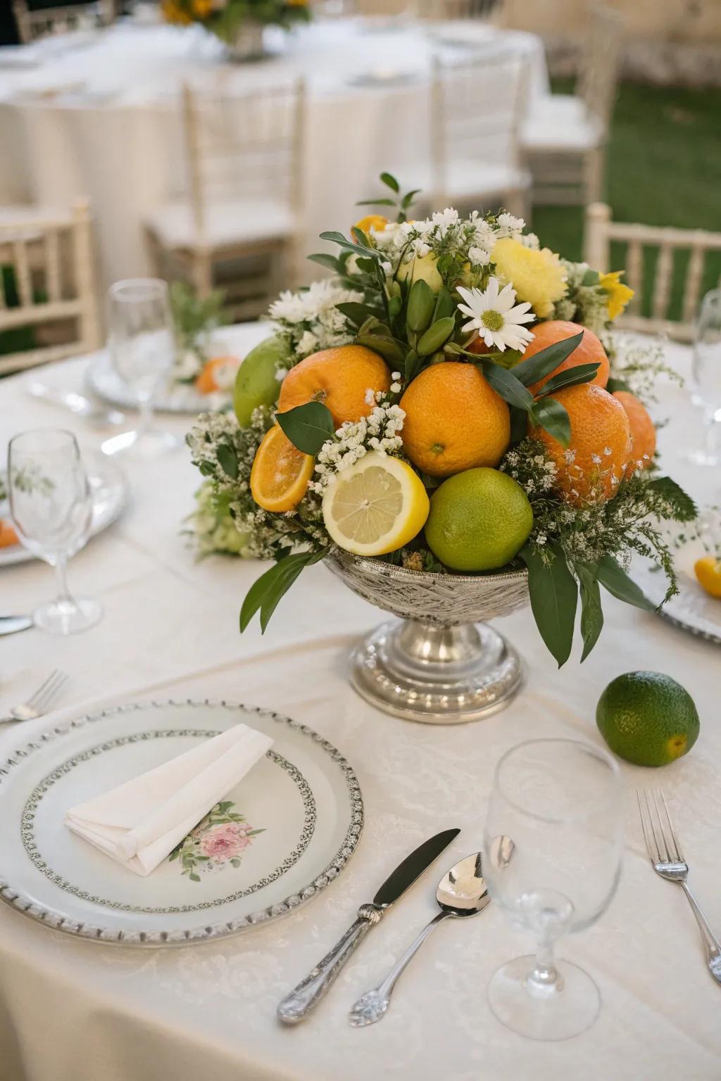 Citrus fruits inject freshness into this wedding centerpiece.