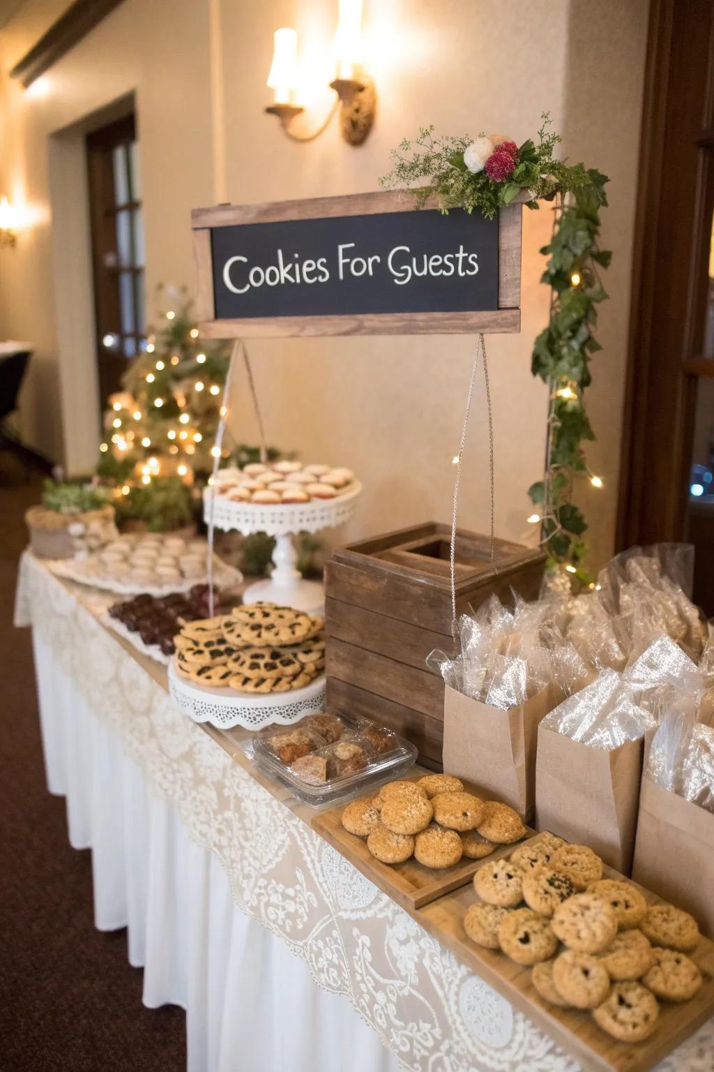 Departure packets on a wedding cookie display offer guests a sweet takeaway.