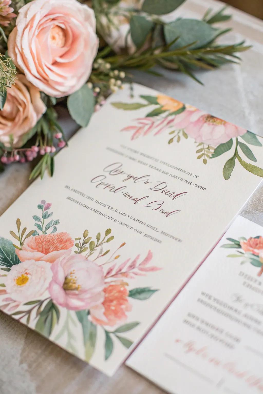 Invitation with watercolor floral illustrations.
