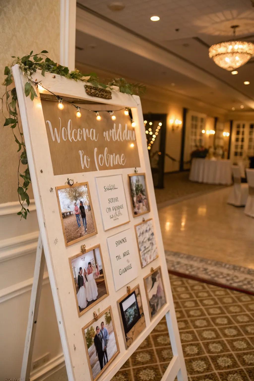 An interactive welcome board featuring Polaroid photos and guest messages, ideal for bringing a personal touch.