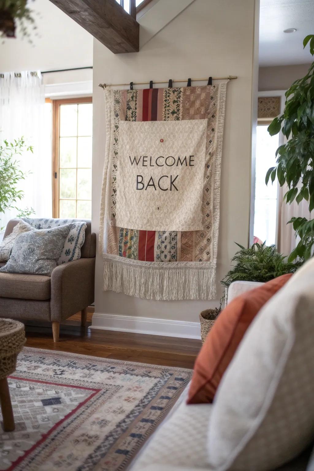 Textured fabric features enhance a welcome back poster in a living room.