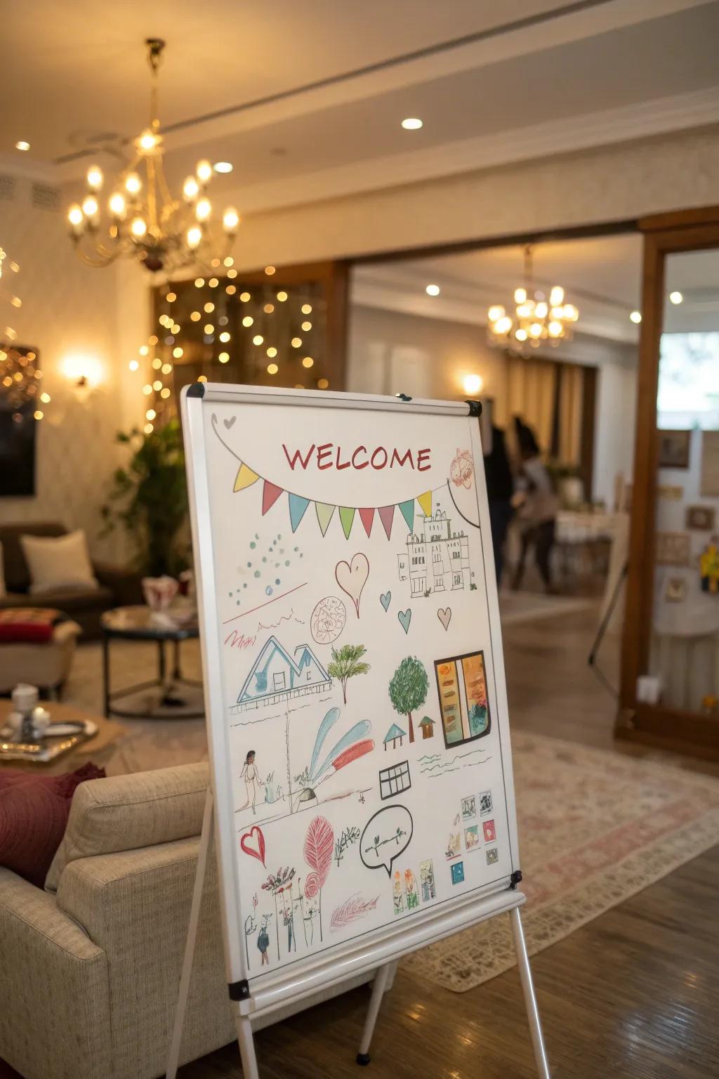 Subject illustrations enhancing a welcome message on a board.