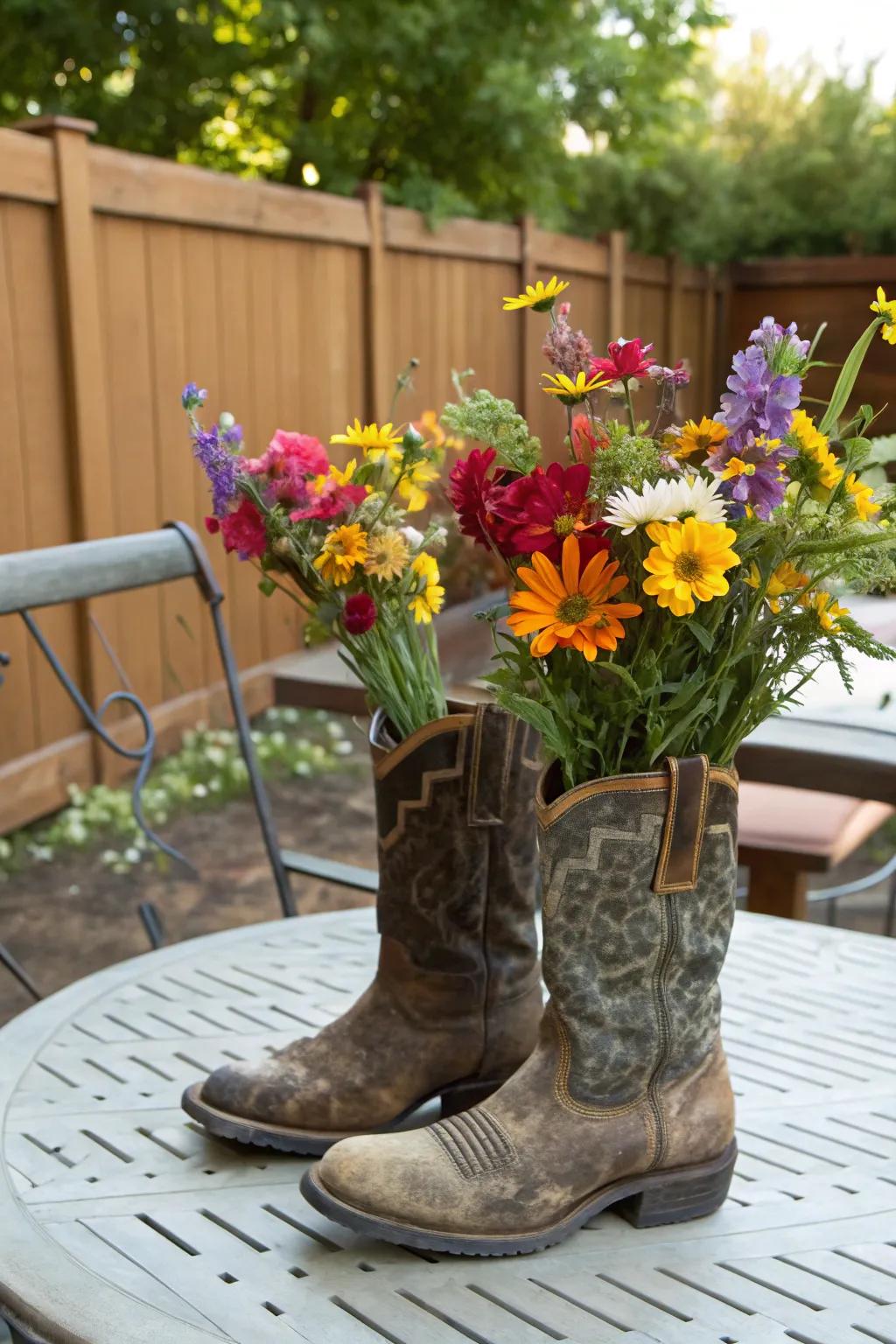 Ten-gallon boots as vases add quirky charm to your decor.