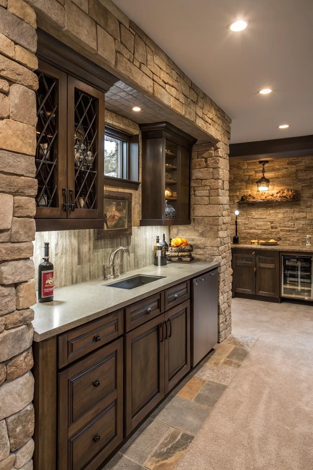 Mixing textures can add depth and make your basement wet bar feel more dynamic.