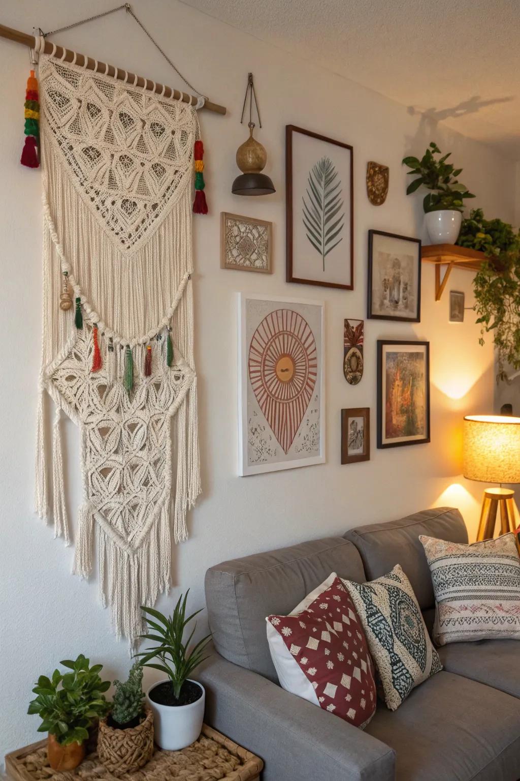 Boho wall decor featuring knotted hangings and artistic features.