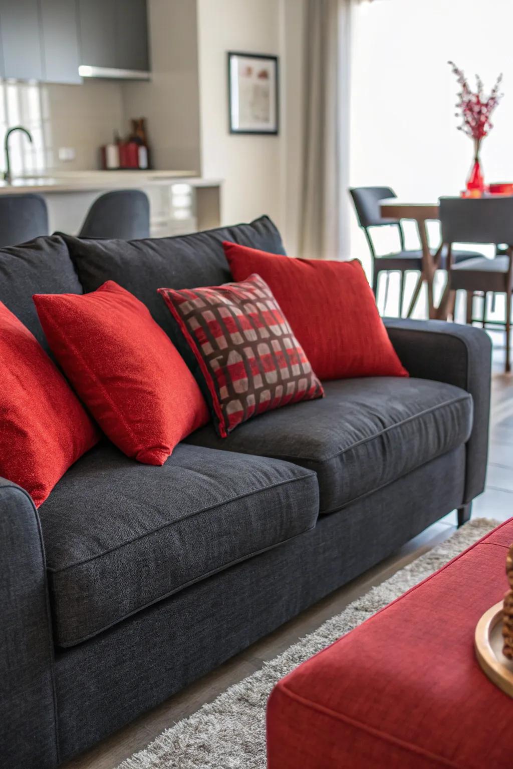 Red pillows create a striking focal point on the dark grey couch.
