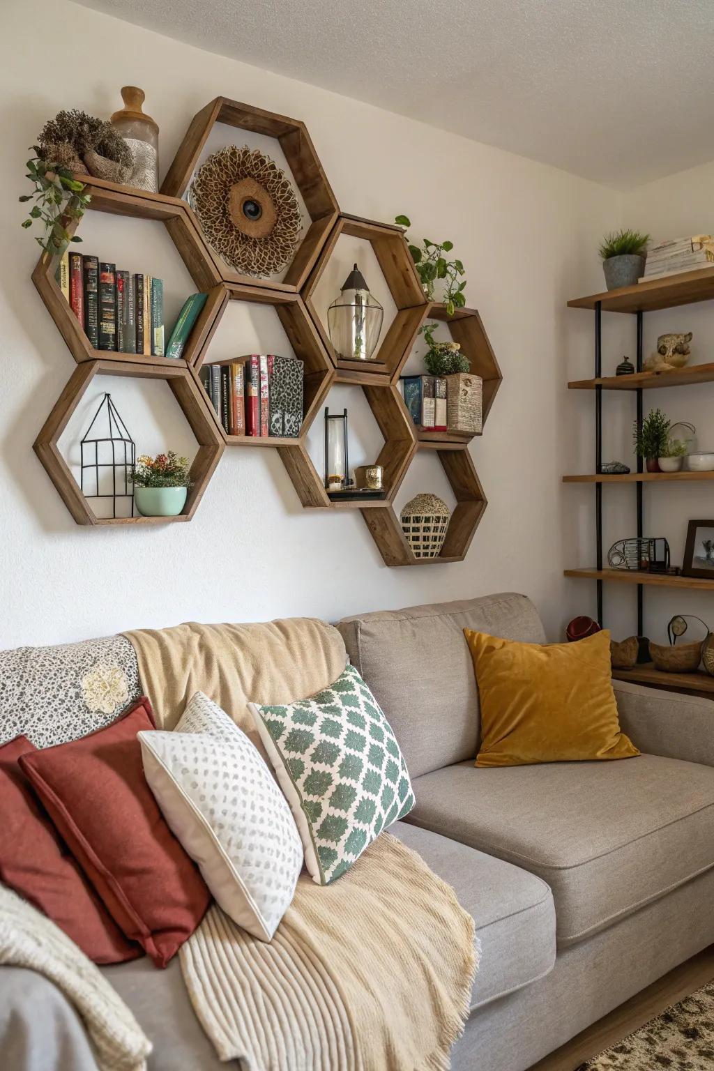 Hexagonal shelves inject a contemporary and distinctive aspect.