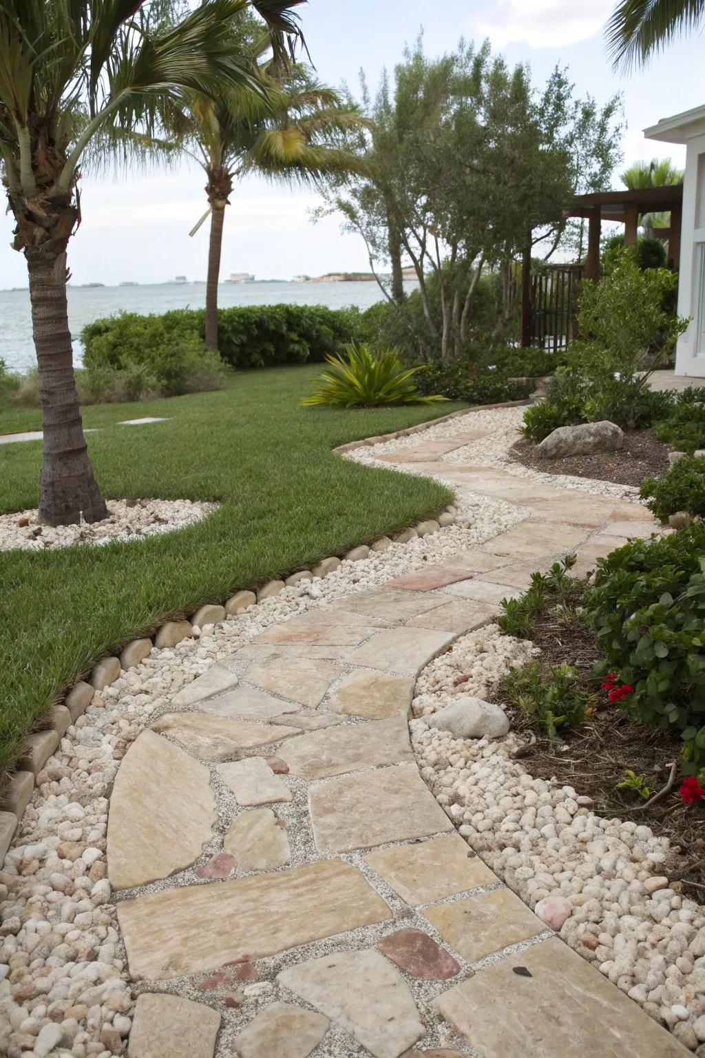 Pulverized shells impart a distinctive seaside charisma to flagstone paths.