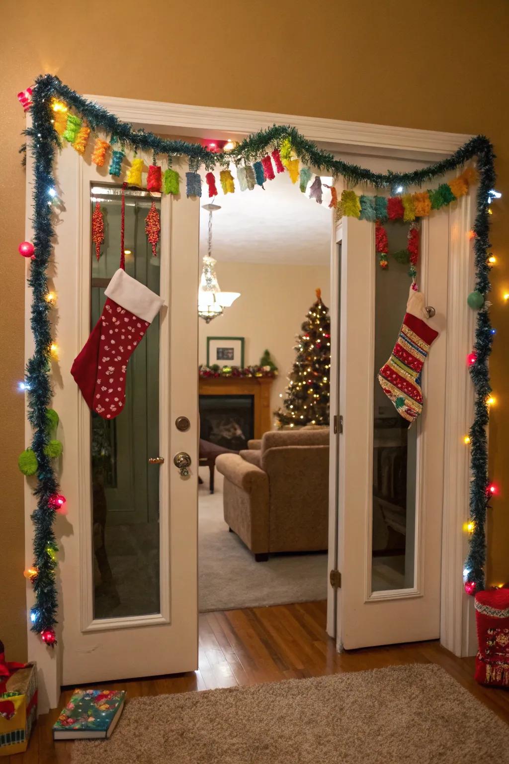 Garlands above doorways turn entrances into joyous frames.